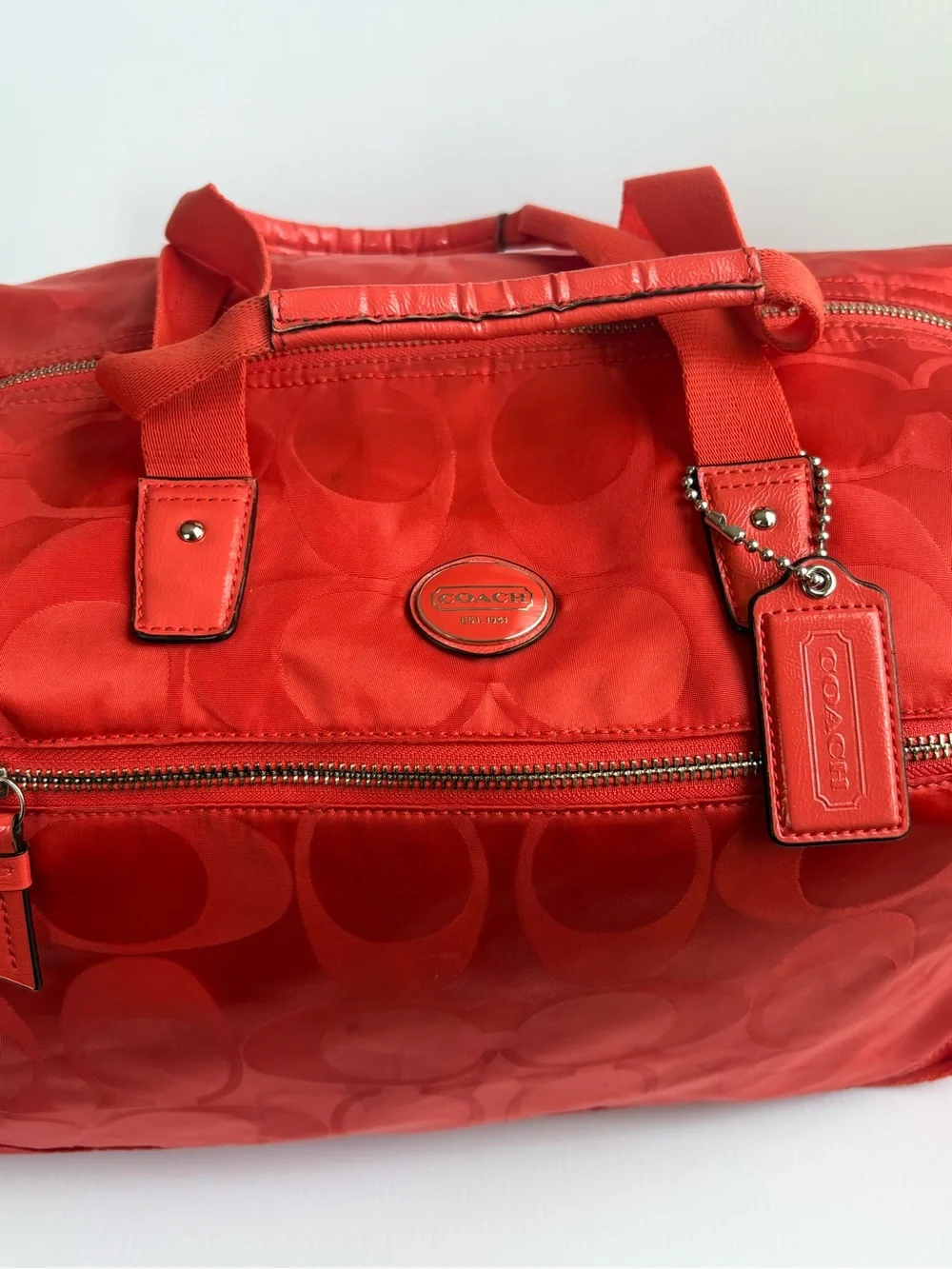 Coach Signature Hot Orange Nylon Travel Weekender Duffle Bag